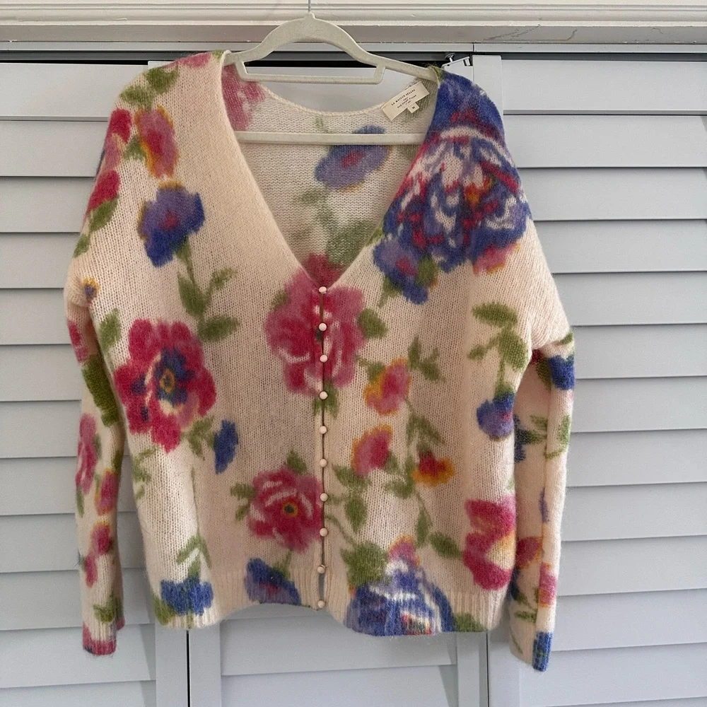 Sezane Cream Floral Button Cardigan with Pink, Blue & Green Accents - Picture 1 of 4